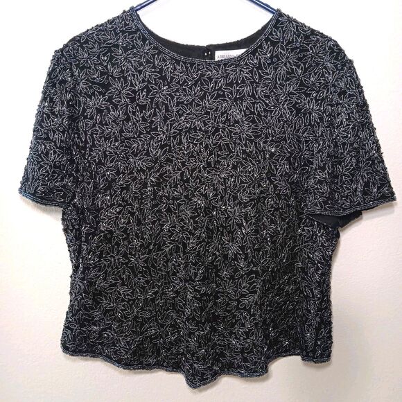 Vintage Adriana Papell Occasions Black Silk Beaded Floral Short Sleeve Sz 18 - Picture 1 of 15
